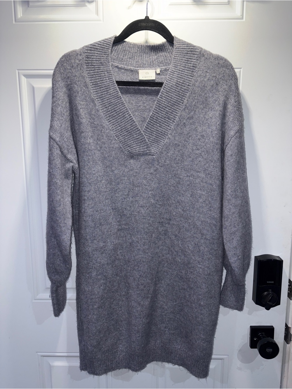 Cozy V-Neck Long Sleeve Sweater Dress in Blueish Gray